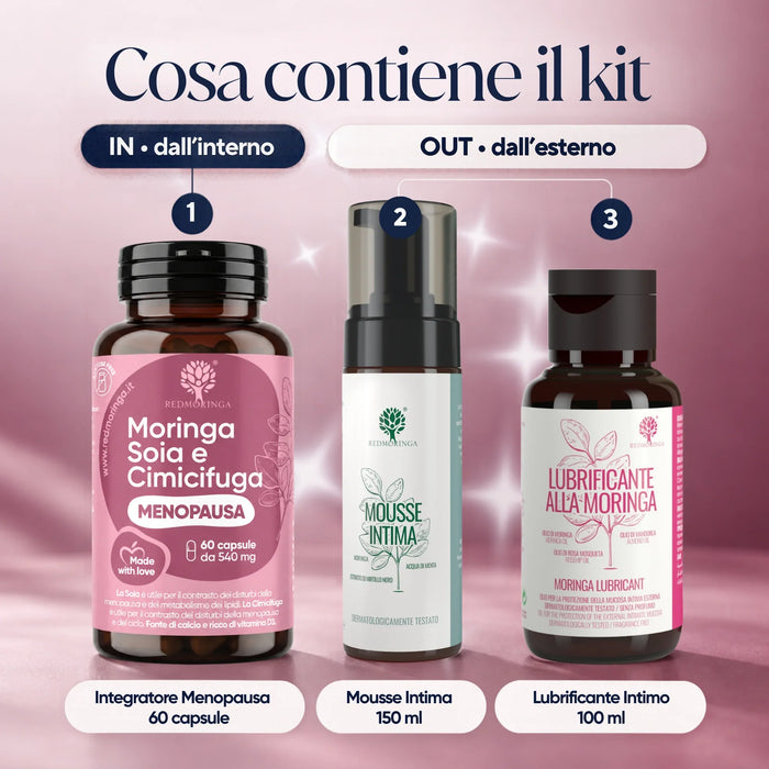Cosa contiene il kit In&Out RedMoringa: integratore menopausa 60 capsule, mousse intima 150 ml e lubrificante intimo 100 ml