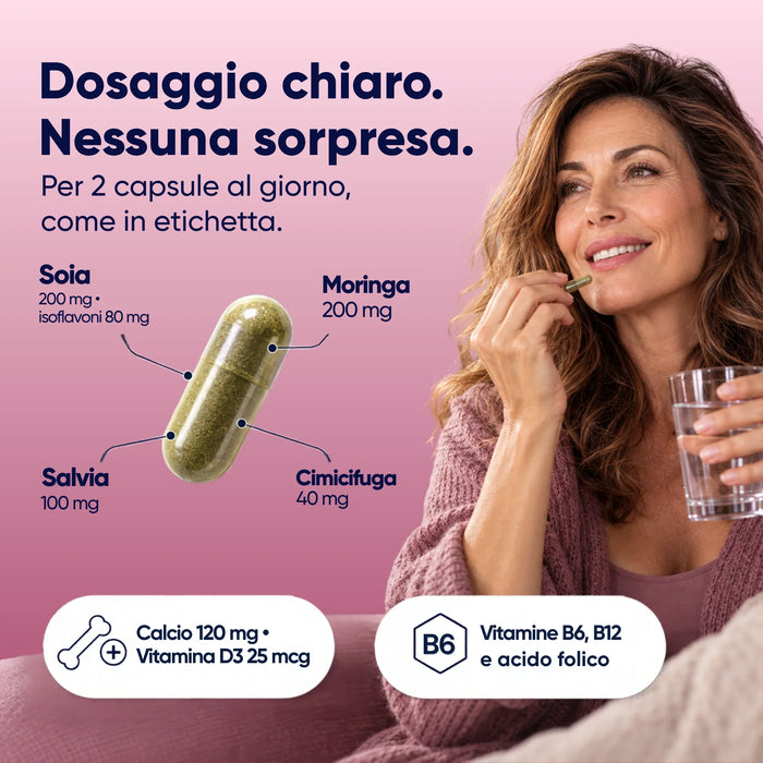 Dosaggio per 2 capsule dell'integratore menopausa RedMoringa: soia, Moringa, salvia, cimicifuga, calcio e vitamine