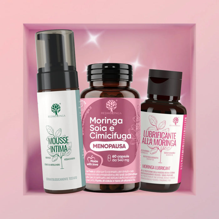Trattamento Menopausa In&Out RedMoringa: integratore Moringa Soia e Cimicifuga, mousse intima e lubrificante alla moringa
