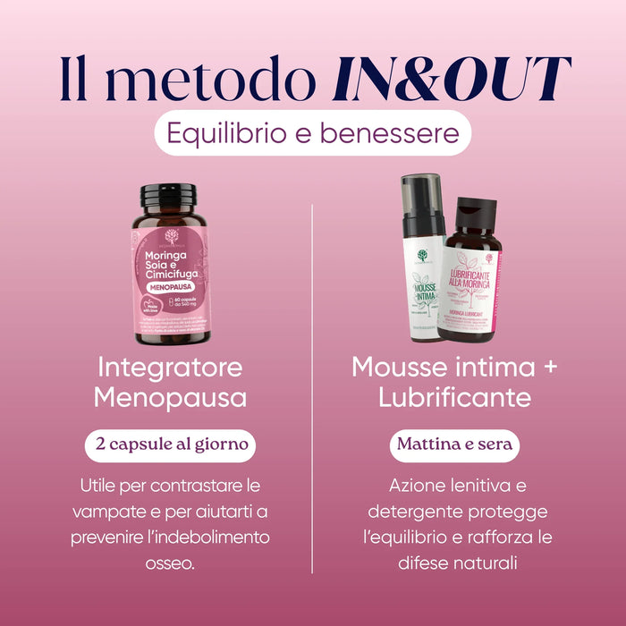 Il metodo In&Out RedMoringa: integratore menopausa 2 capsule al giorno, mousse intima e lubrificante mattina e sera