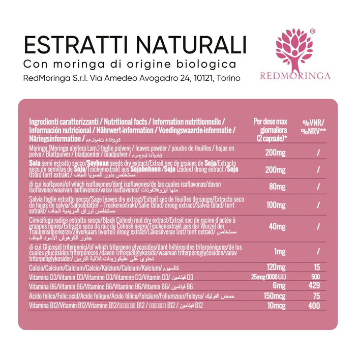 Tabella ingredienti dell'integratore menopausa RedMoringa per 2 capsule: Moringa, soia, salvia, cimicifuga, calcio e vitamine
