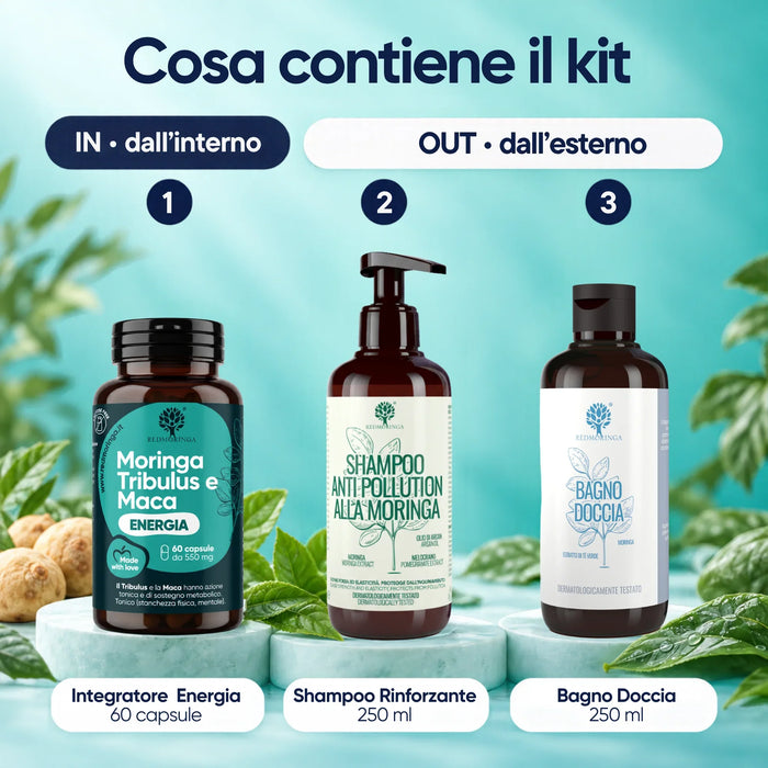 What the In&Out kit by RedMoringa contains: Energy supplement 60 capsules, strengthening shampoo 250 ml and shower gel 250 ml