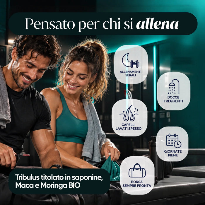 Smiling couple in the gym: the In&Out treatment by RedMoringa is designed for people who train, shower and wash hair often