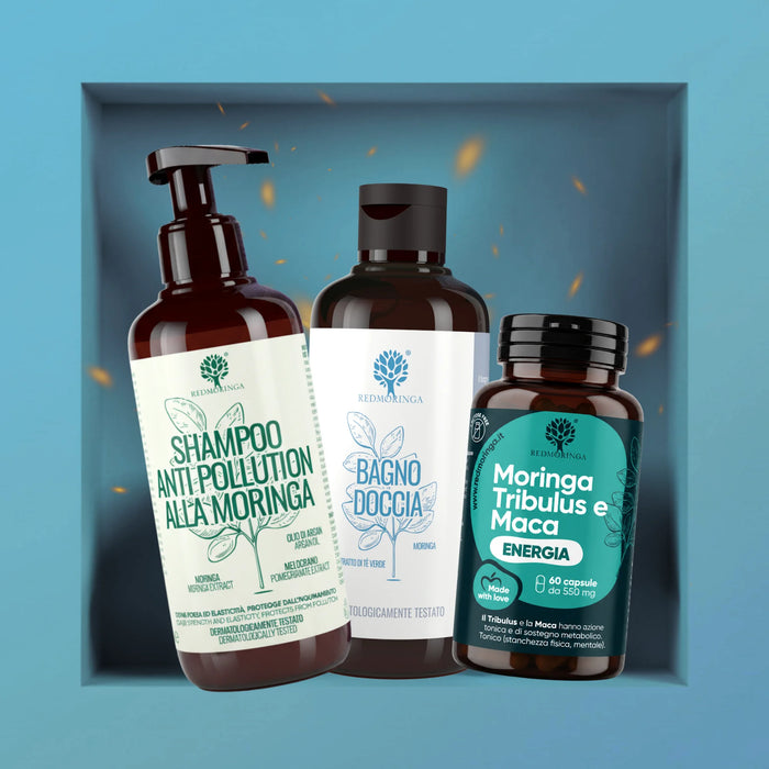 In&Out Gym Treatment by RedMoringa: anti-pollution shampoo, shower gel and Moringa Tribulus and Maca capsules, men's care