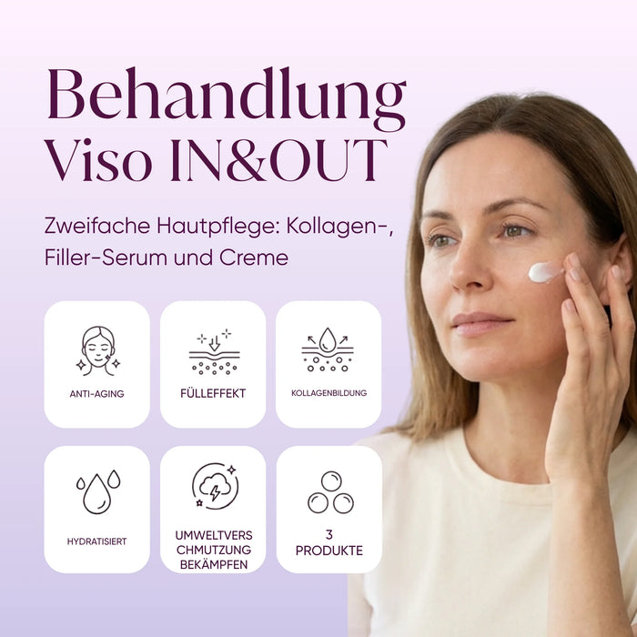 Infographic on the benefits of the IN & OUT facial treatment: filler effect, collagen, hydration and anti-pollution