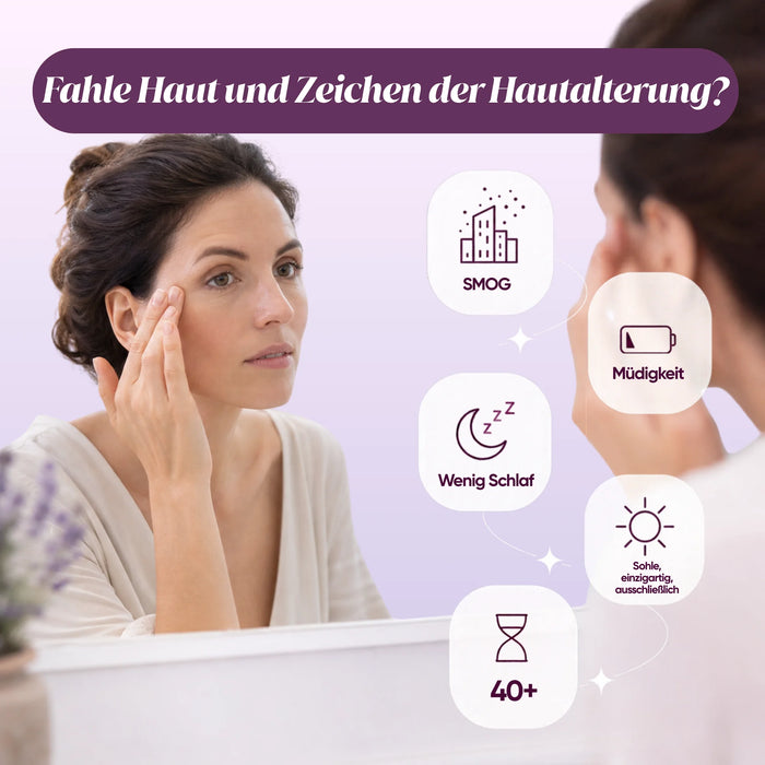 Woman at the mirror with the causes of dull skin and ageing signs: smog, tiredness, little sleep, sun, over 40
