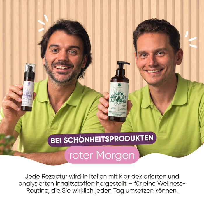 The RedMoringa team with the anti-wrinkle filler serum and Moringa shampoo: cosmetics made in Italy, analysed ingredients