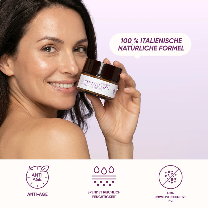 Smiling woman holding RedMoringa Moringa face cream: 100% Italian natural formula, anti-age, hydrating, anti-pollution