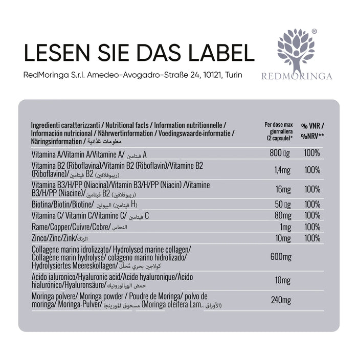 Label of the Moringa Collagen supplement: marine collagen 600 mg, hyaluronic acid, vitamins, zinc and copper per 2 capsules