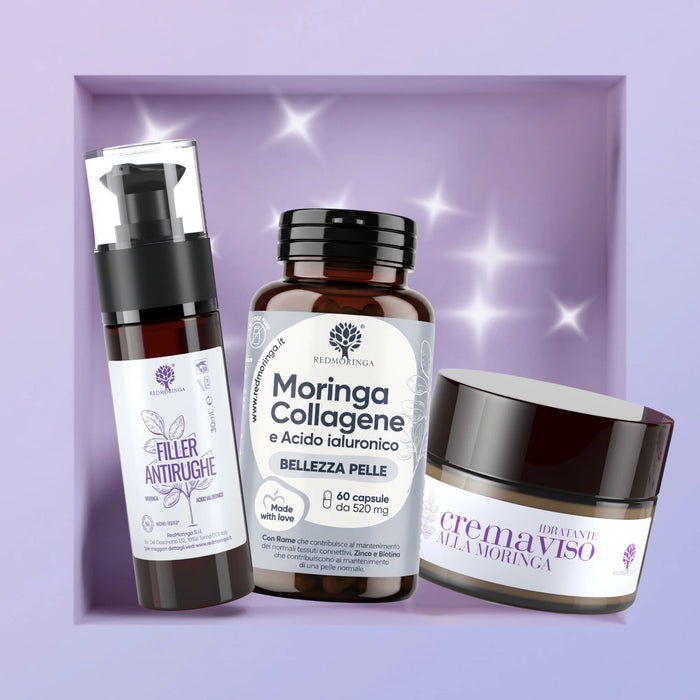 RedMoringa IN & OUT anti-wrinkle facial treatment: filler serum, Moringa Collagen capsules and Moringa face cream