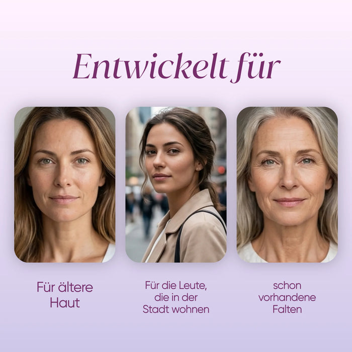 Three women of different ages: anti-wrinkle facial treatment designed for mature skin, city life and existing wrinkles